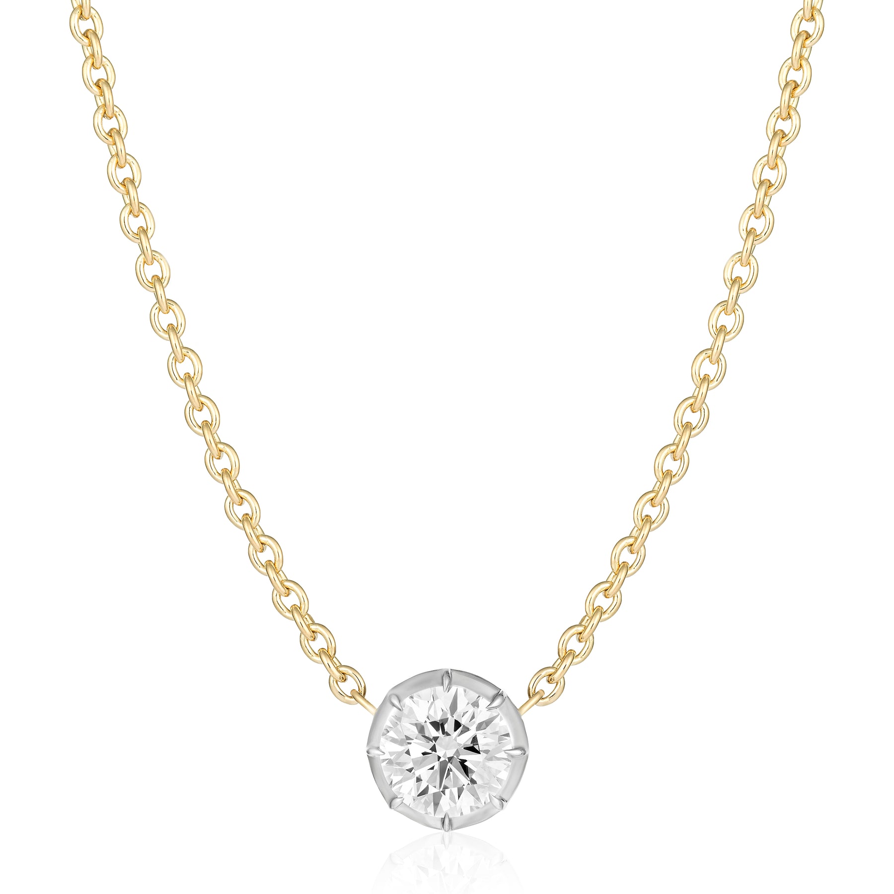 Collet Set Round Diamond Pendant in White and Yellow Gold