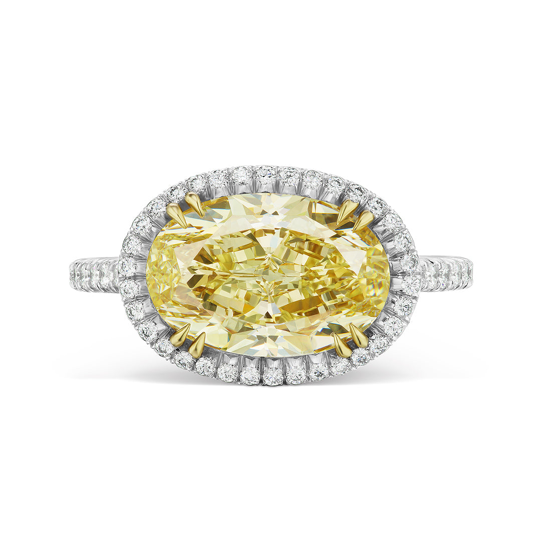 East-West Fancy Yellow Oval Diamond Engagement Ring with Pavé Bezel and Band