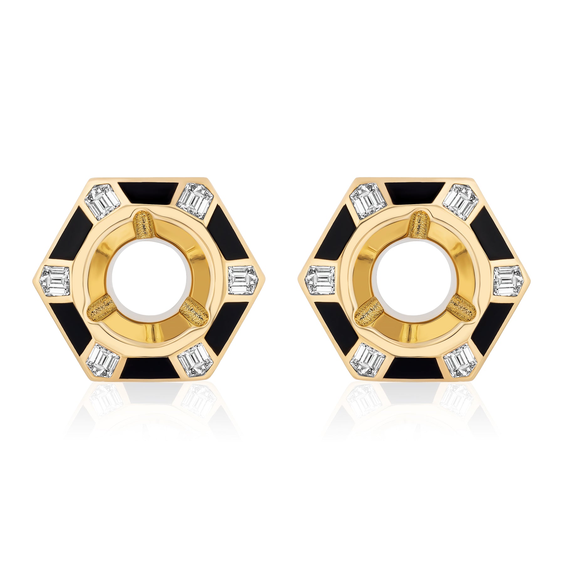 Hexagon Alternating Onyx and Diamond Ear Jackets