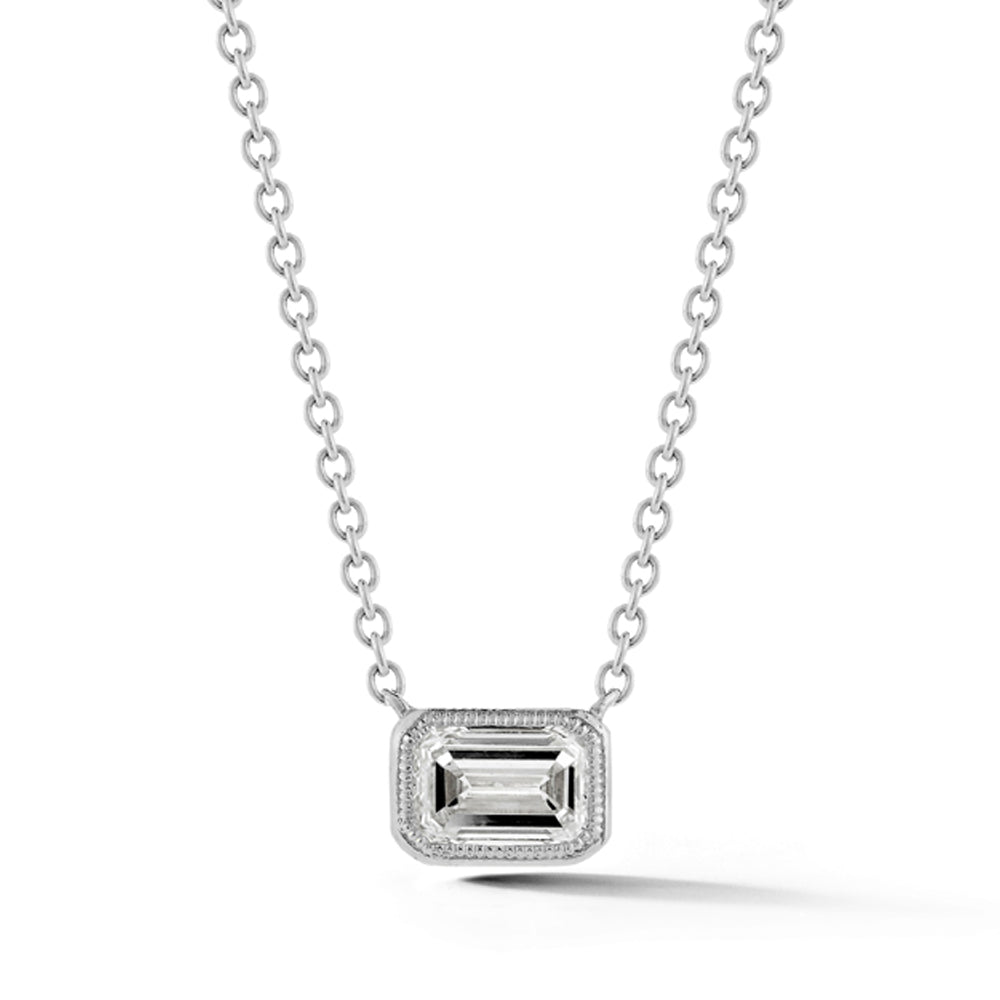 East-West Emerald Cut Diamond Millgrain Pendant in White Gold