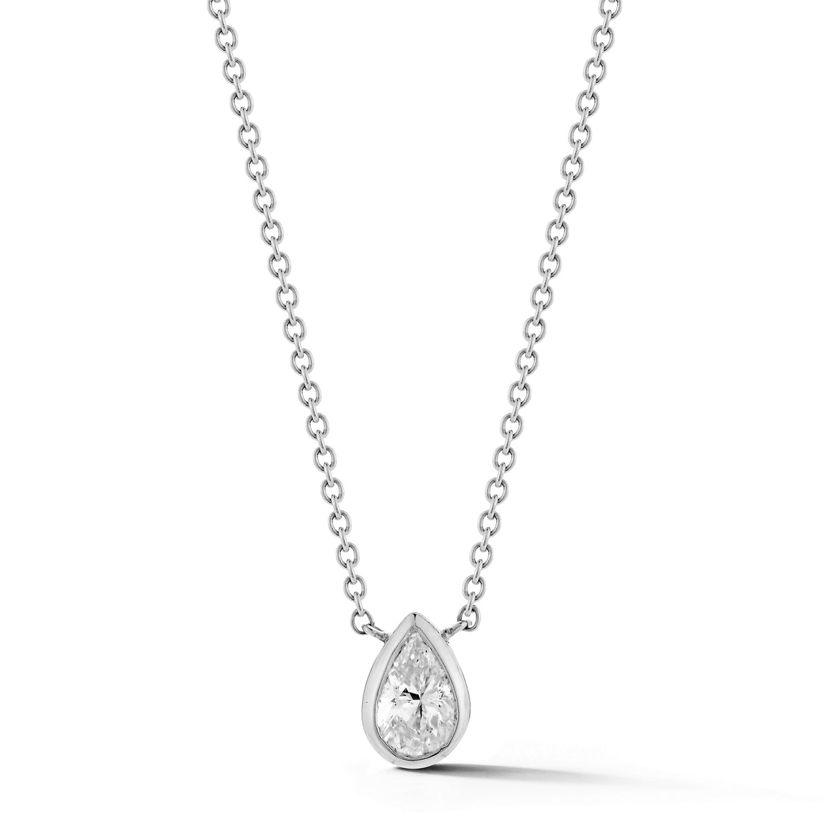 Bezel Set Pear Diamond Solitaire Pendant in White Gold