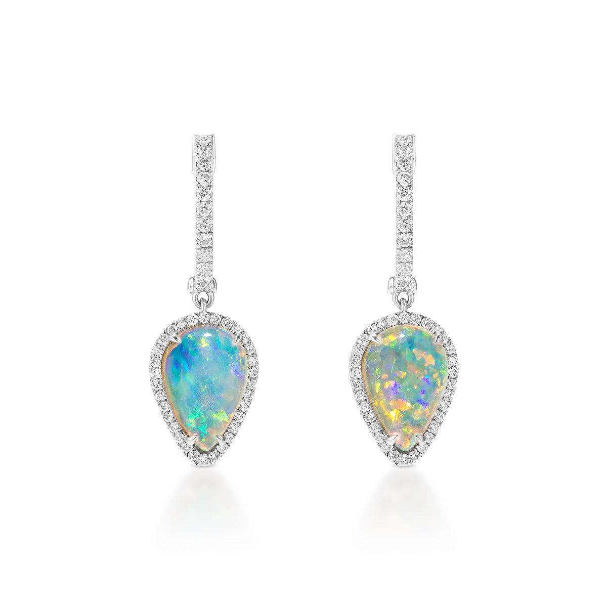 Pear Shape Opal Drop Earrings in White Gold with Pavé Diamond Halo