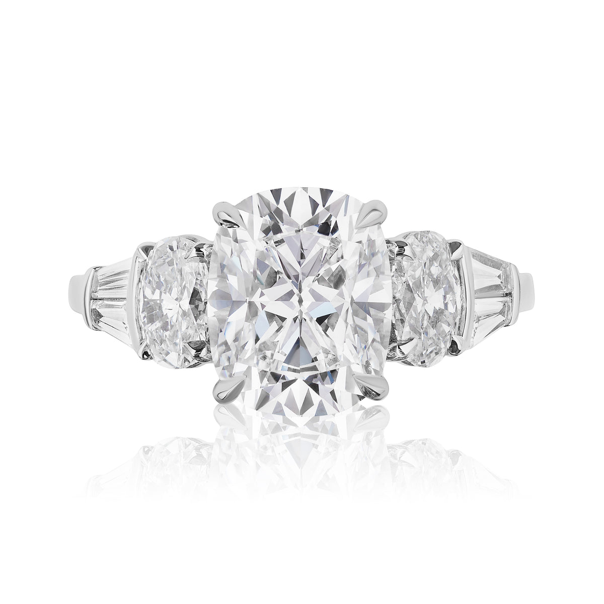 Cushion Cut Diamond Engagement Ring with Oval and Double Tapered Baguette Side Stones