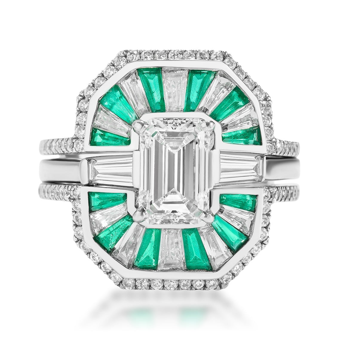 Bespoke Mosaic Tapered Baguette Emerald and Diamond Ring Jacket in White Gold with Pavé Diamond Band