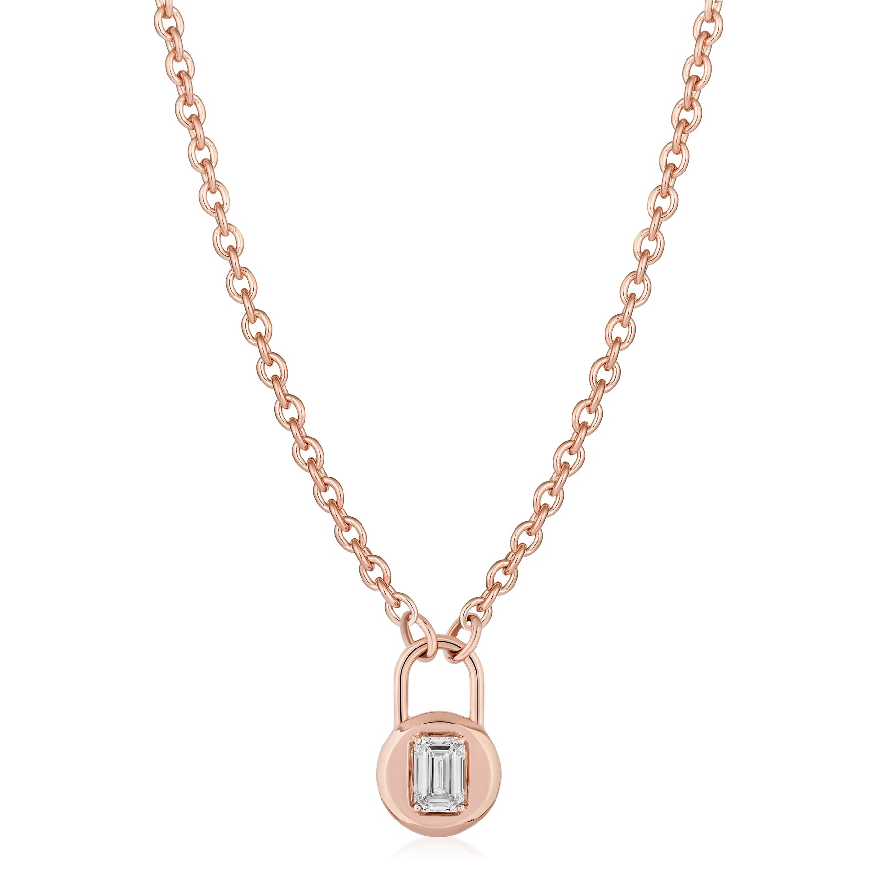 Emerald Cut Diamond Lock Charm Pendant in Rose Gold
