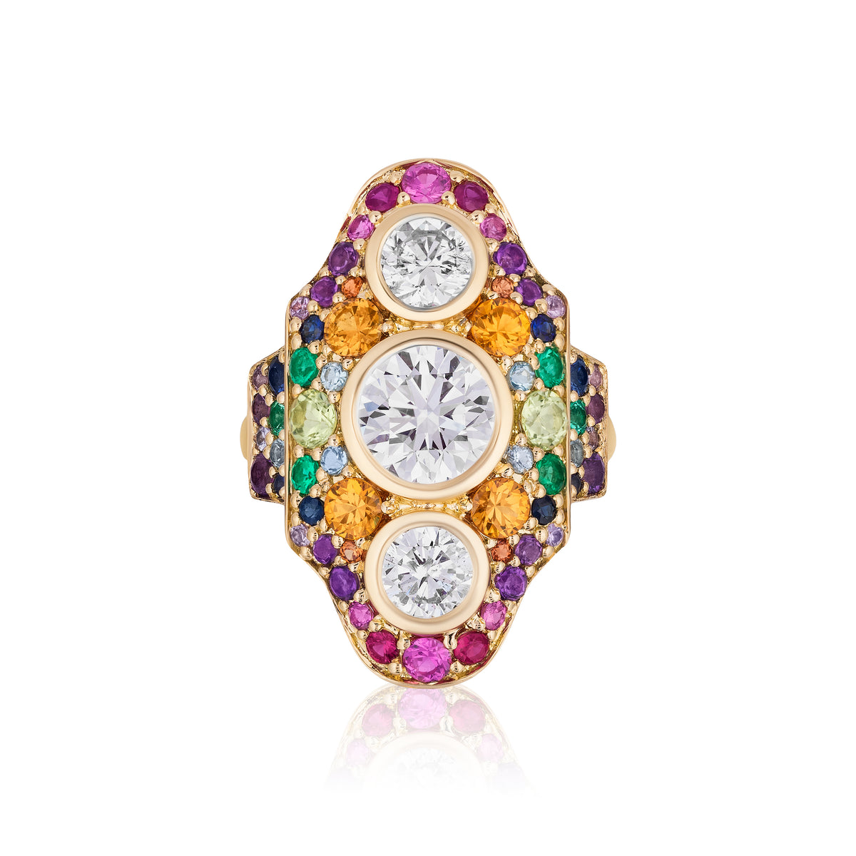 Multicolor Dinner Ring in Yellow Gold with Round Diamonds and Sapphires