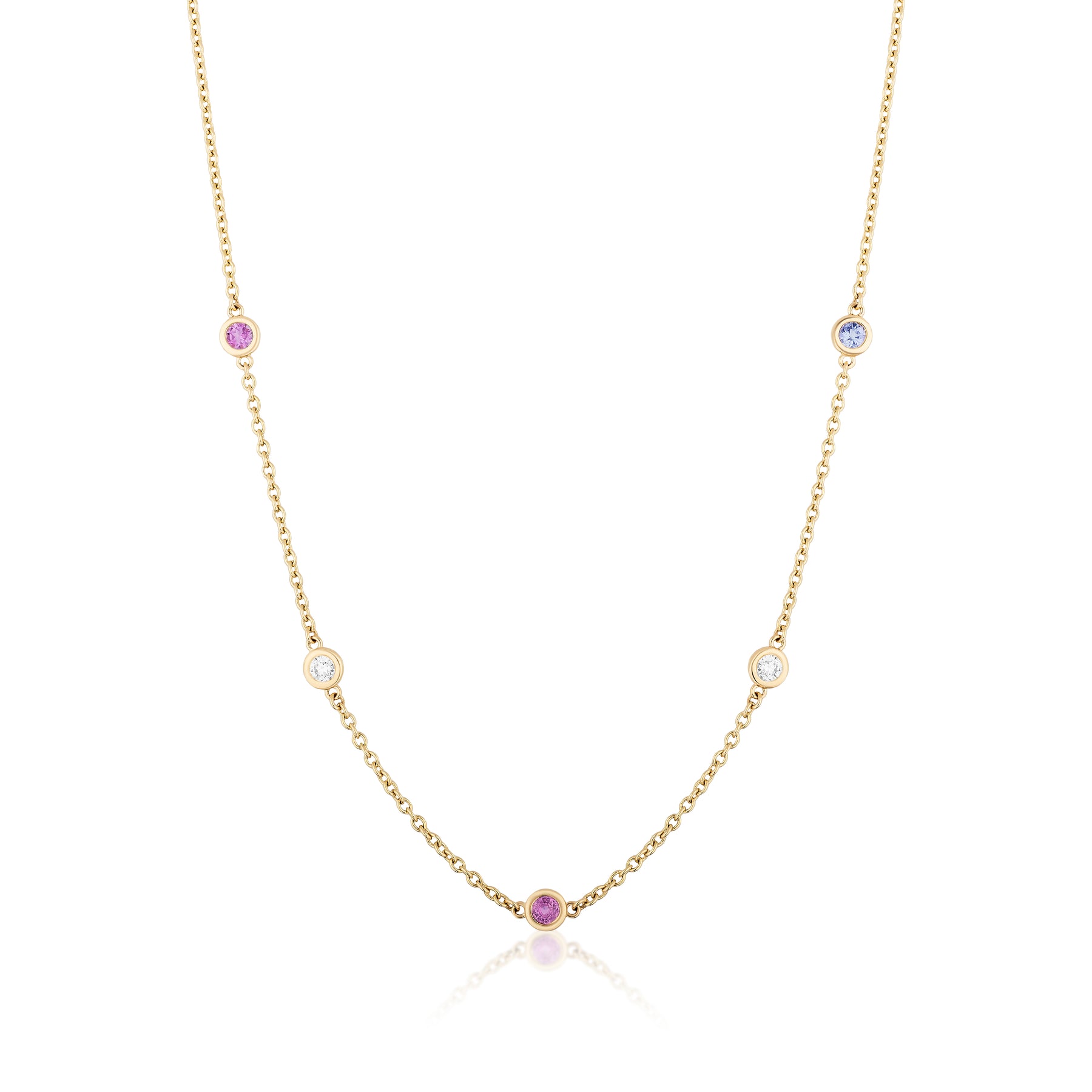 Station Necklace in Yellow Gold with Round Diamonds and Multicolor Sapphires