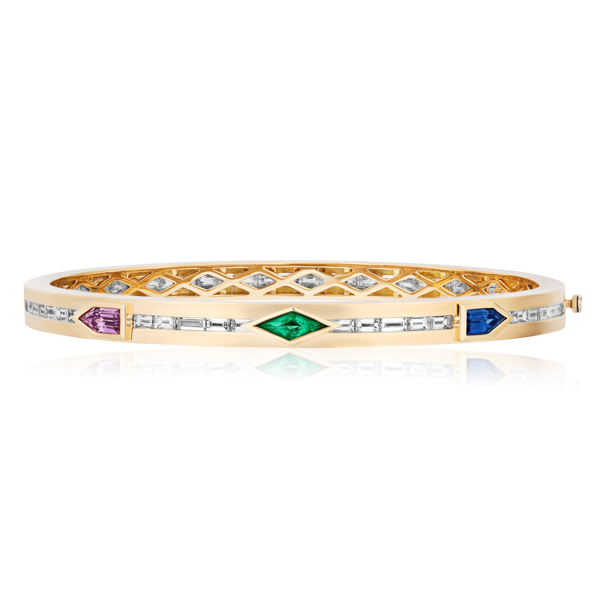 Bezel Set Mixed Shape Sapphire, Emerald, and Baguette Diamond Bangle