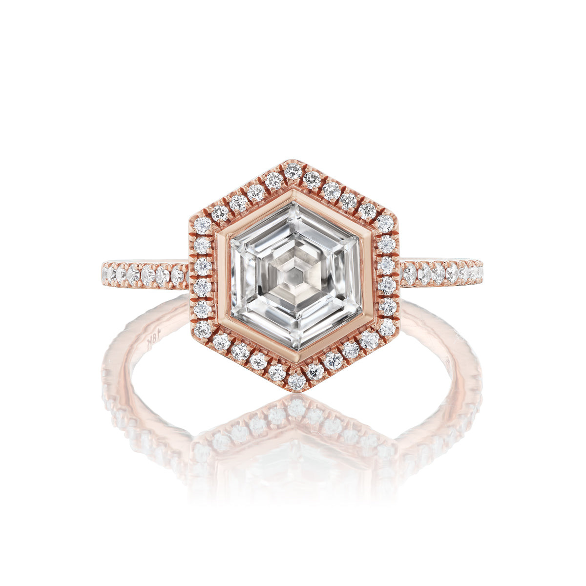 Hexagonal Diamond Engagement Ring with Pavé Bezel and Band