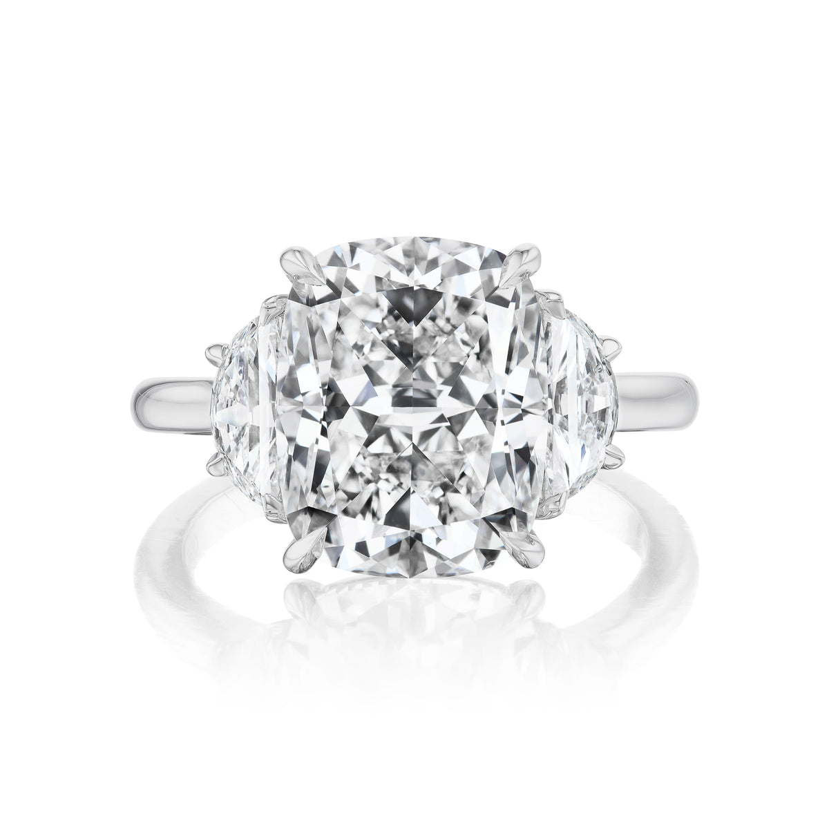 Cushion Cut Diamond Engagement Ring with Half Moon Side Stones