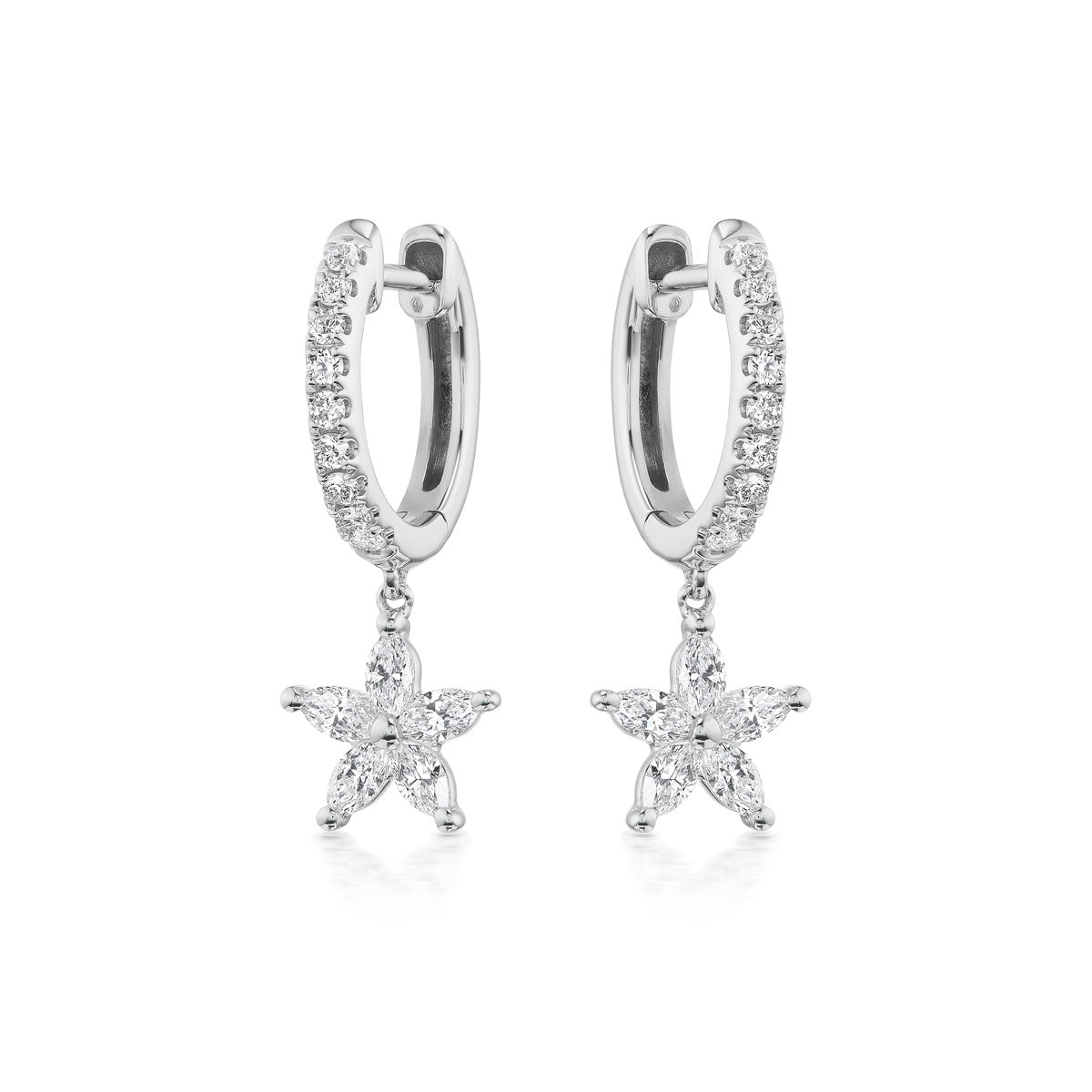 Pavé Huggie in White Gold with Diamond Floral Drops