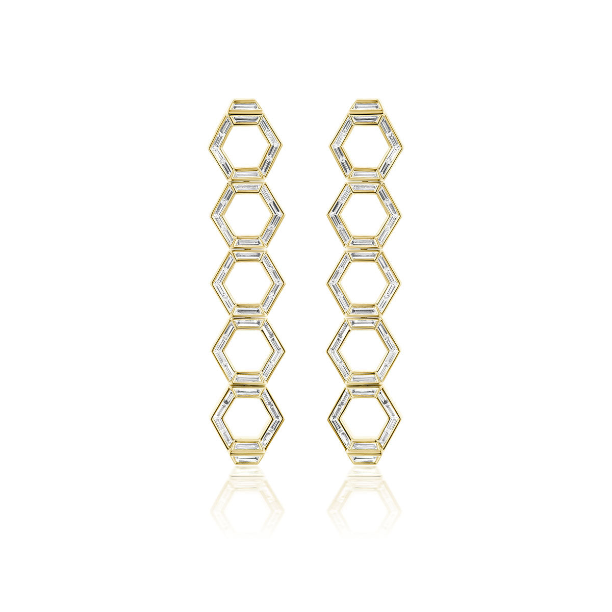 Chrysler Hexagon Drop Earrings in Yellow Gold with Baguette Diamonds