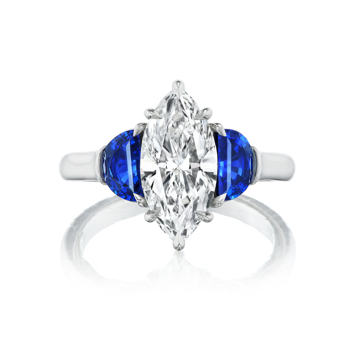 Marquise Diamond Engagement Ring with Half Moon Sapphire Side Stones