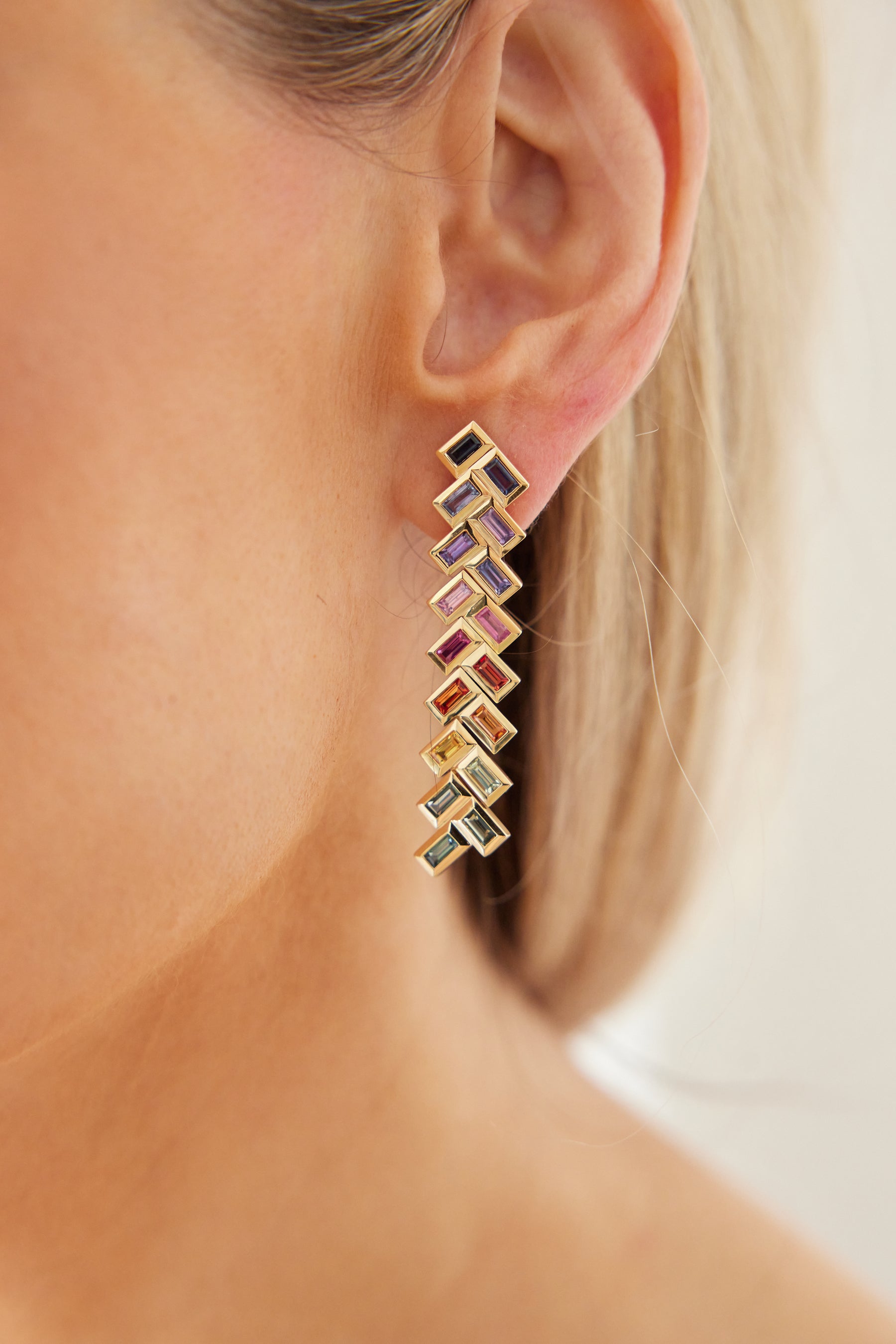 Chevron Drop Earrings in Yellow Gold with Multicolor Baguette Cut Sapphires