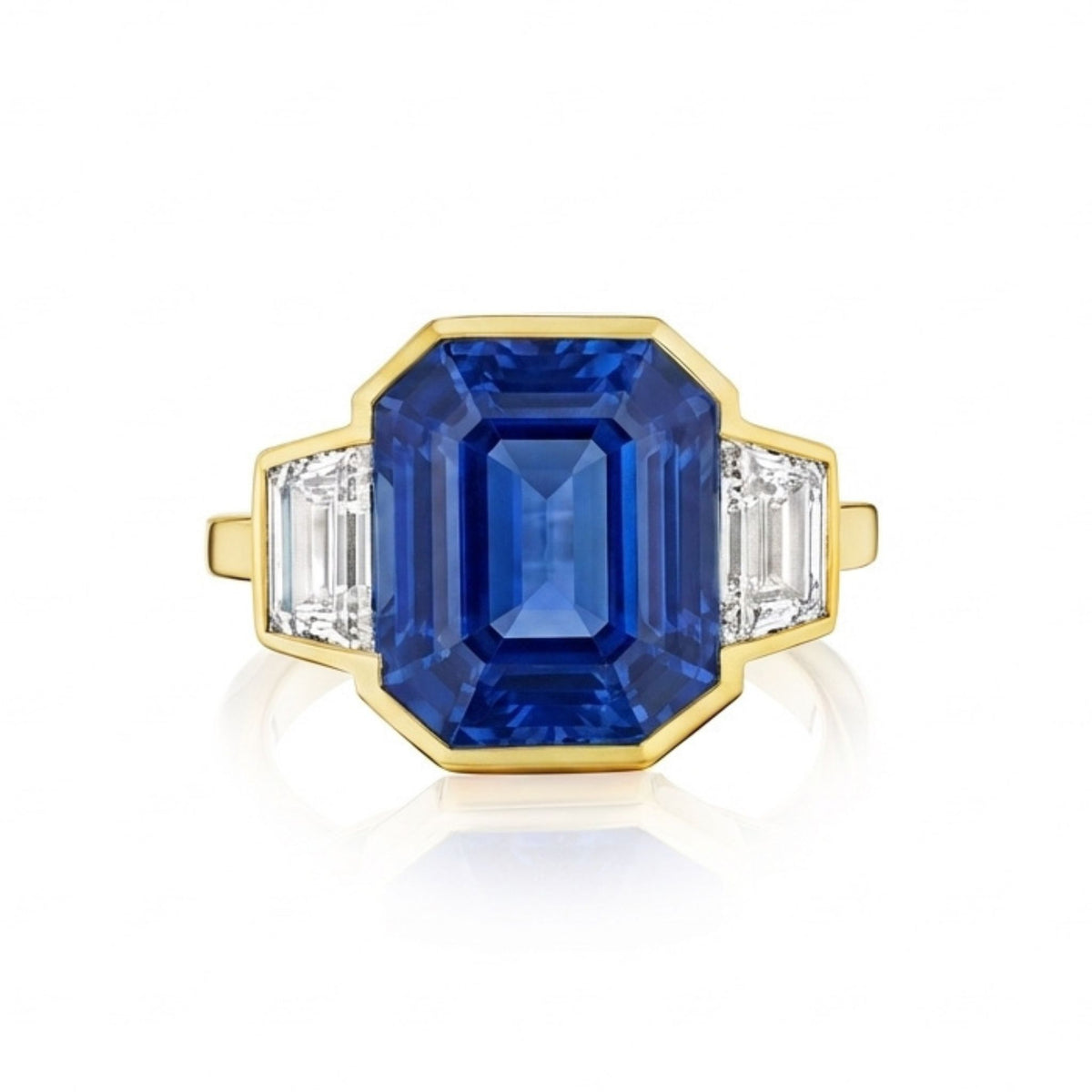 Bezel Set Blue Sapphire Ring with Diamond Trapezoid Side Stones in Yellow Gold