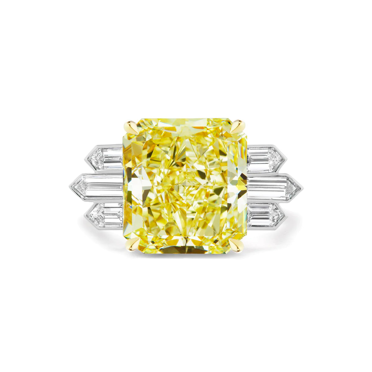 Art Deco Engagement Ring with Fancy Yellow Radiant Cut Diamond and Bullet Baguette Side Stones