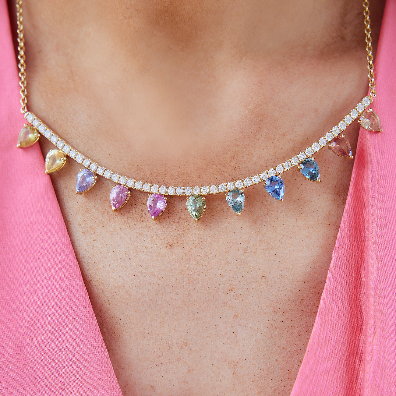 Rainbow Spike Pavé Bar Necklace in Yellow Gold with Multicolor Pear Sapphires