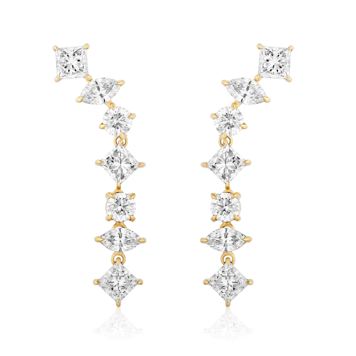 Waterfall Earrings in Yellow Gold with Mixed Shape Diamonds