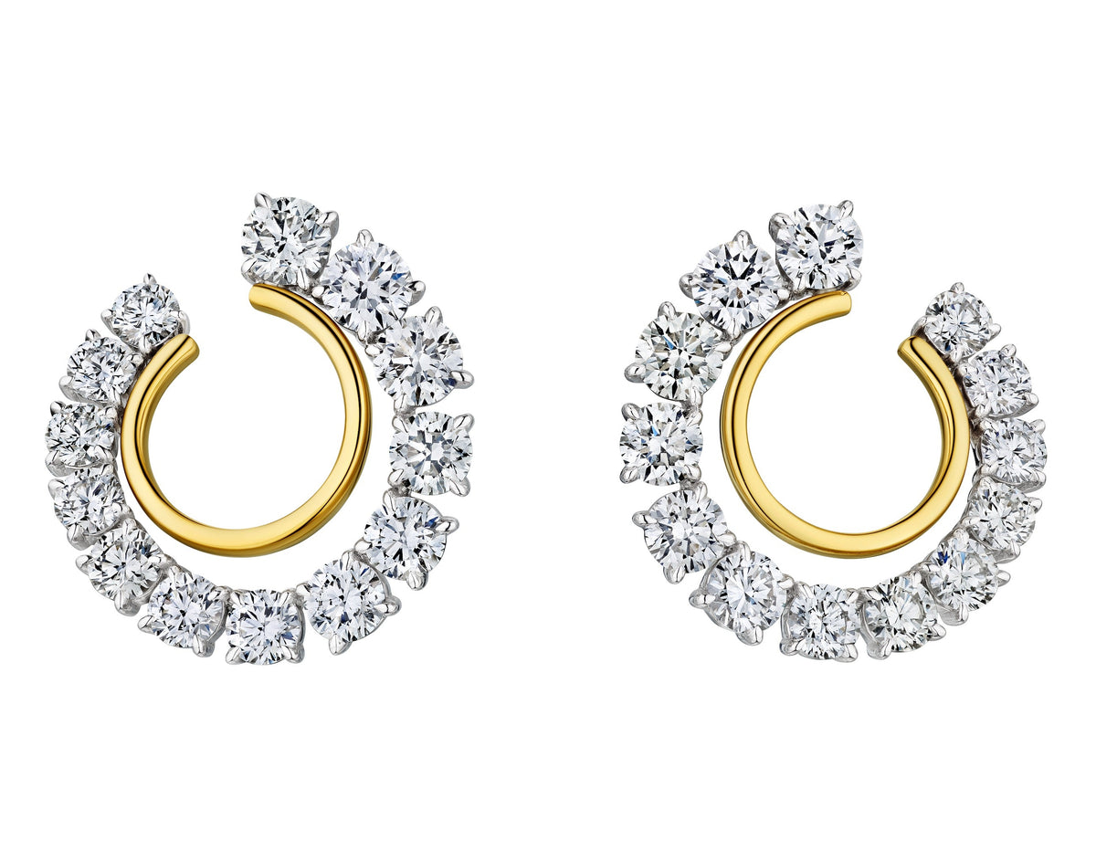 Coil Round Diamond Front-to-Back Hoop Earrings in Yellow Gold and Platinum