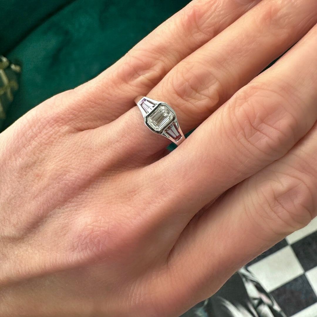 Petit Gypsy Ring with Emerald Cut Diamond and Violet Sapphire Side Stones