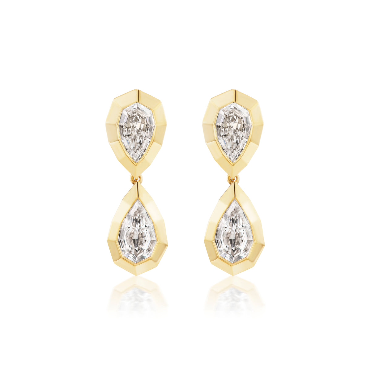 Bezel Set Step Cut Pear Shape Diamond Drop Earrings in Yellow Gold