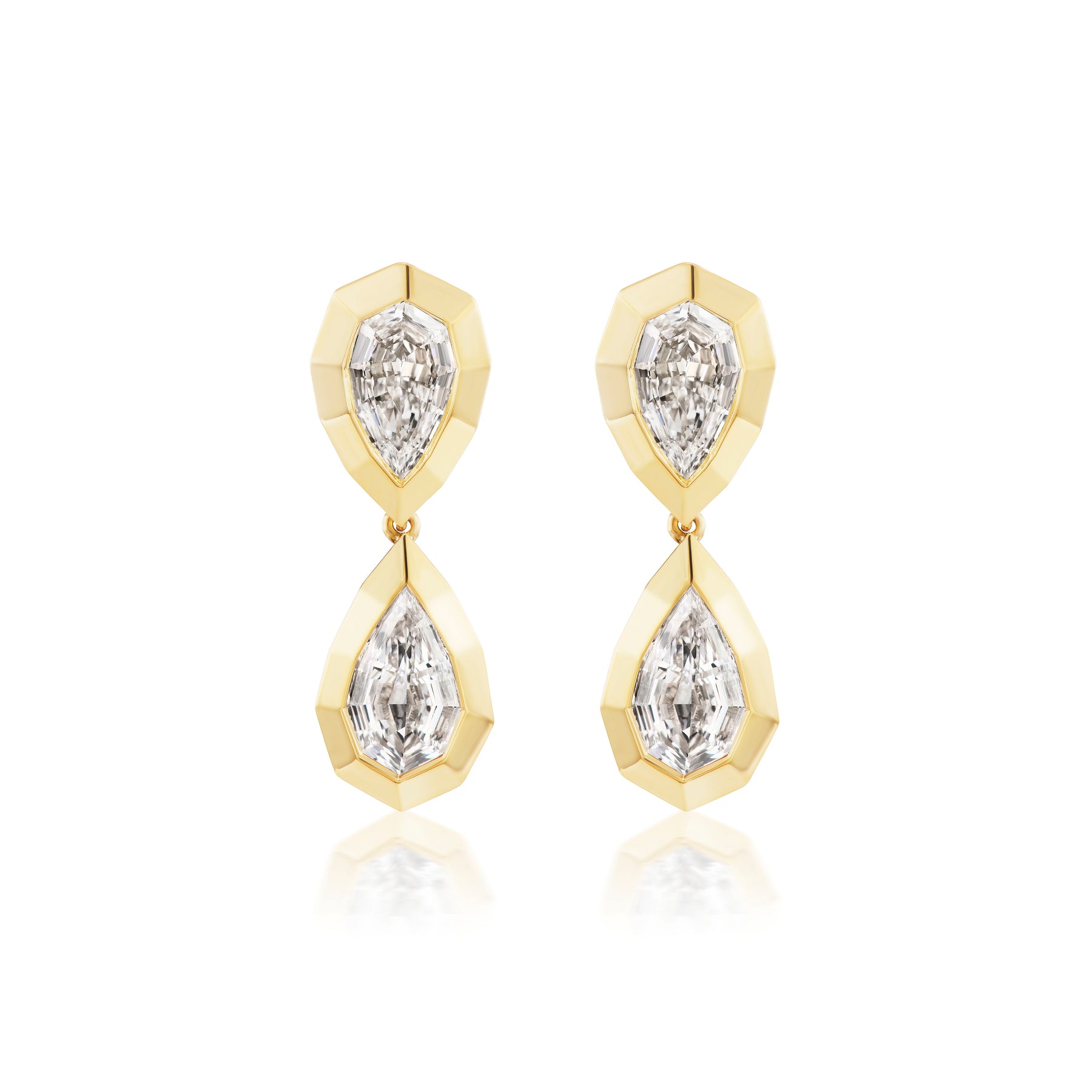 Bezel Set Step Cut Pear Shape Diamond Drop Earrings in Yellow Gold