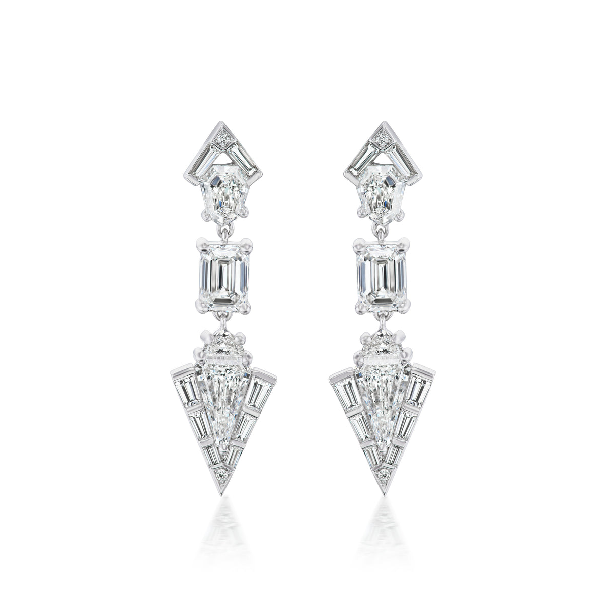 Statement Emerald, Baguette, and Round Cut Diamond Drop Earrings in White Gold
