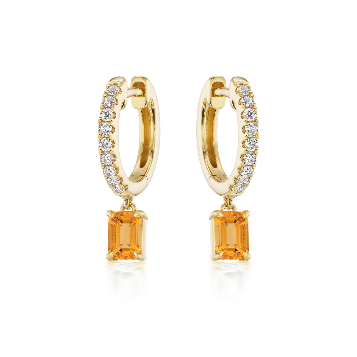 Pavé Huggies with Emerald Cut Orange Sapphire in Yellow Gold