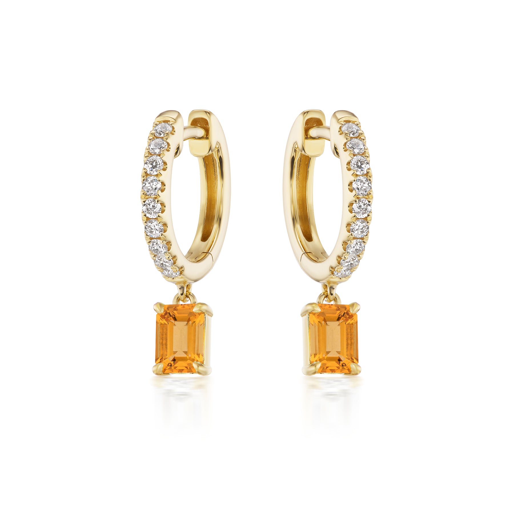 Pavé Huggies with Emerald Cut Orange Sapphire in Yellow Gold