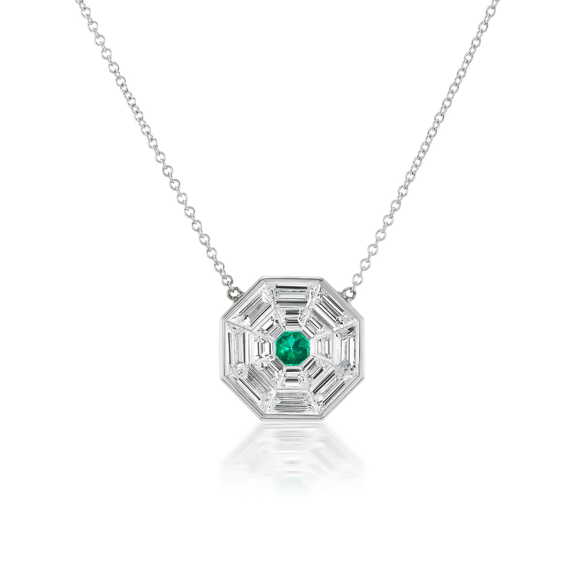 Bezel Set Trapezoid Diamond Mosaic Pendant with Round Emerald Center Stone