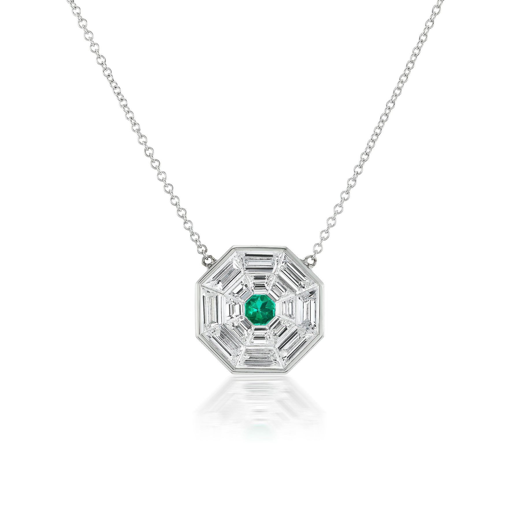Bezel Set Trapezoid Diamond Mosaic Pendant with Round Emerald Center Stone