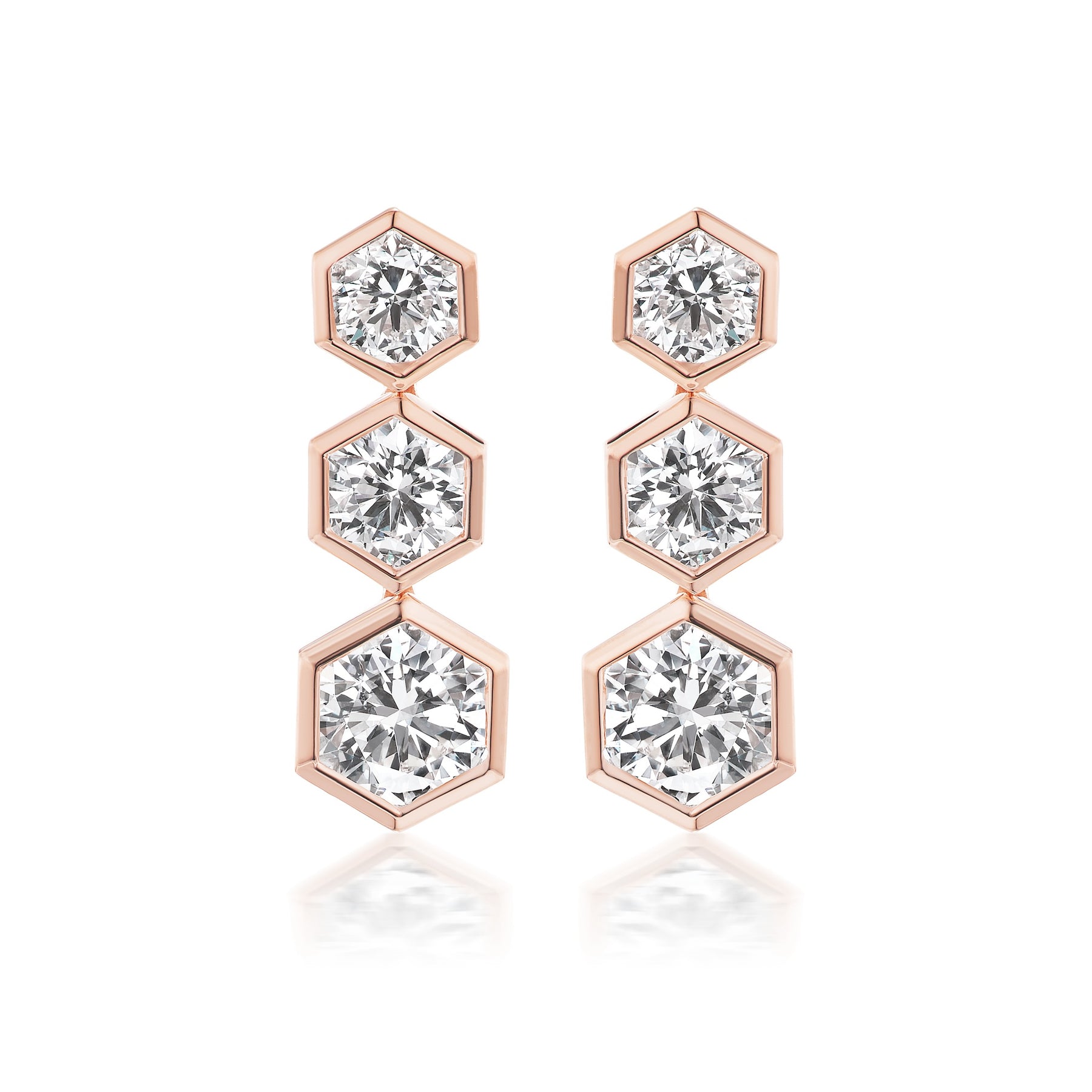 Graduated Hexagon Bezel Set Drop Earrings with Round Brilliant Diamonds