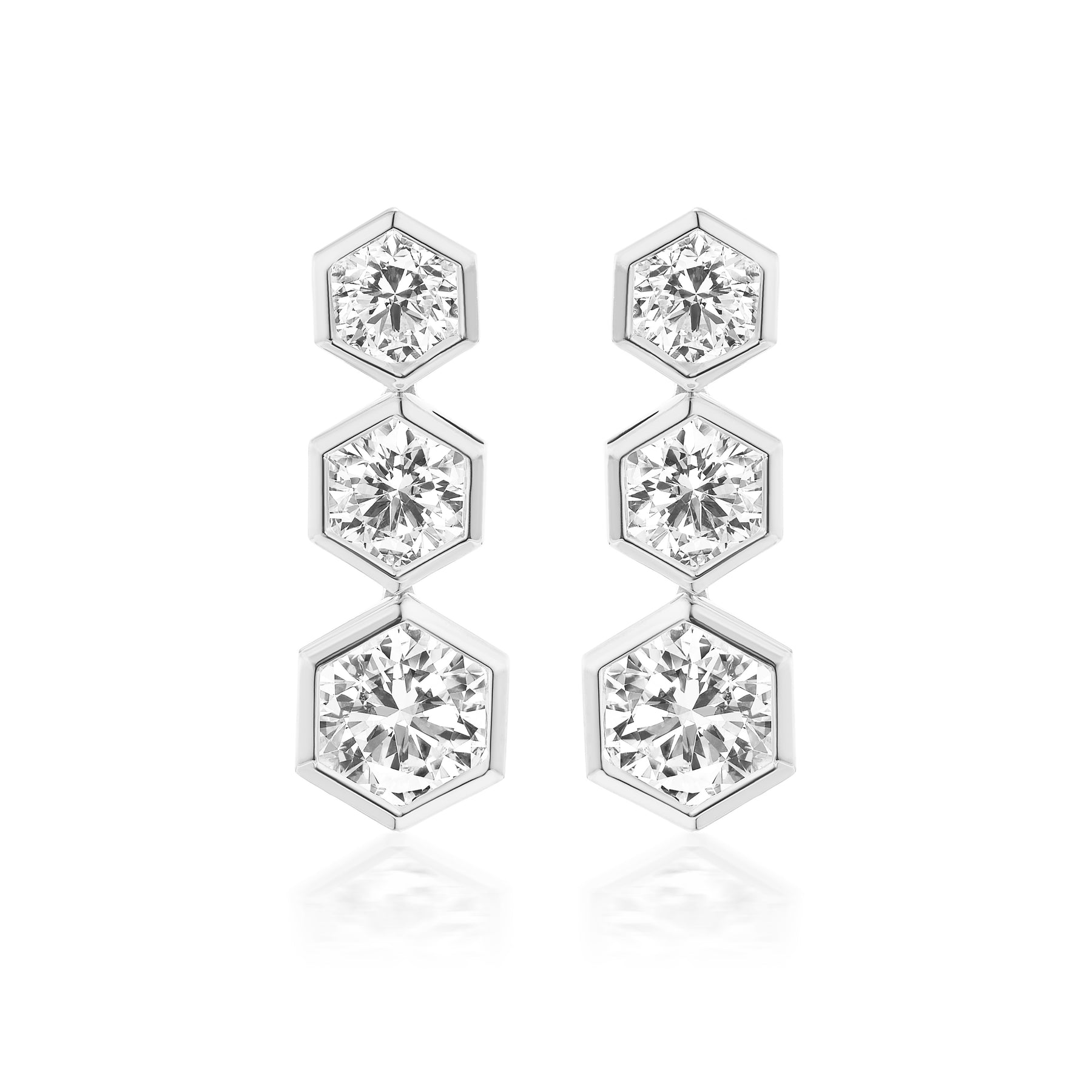 Graduated Hexagon Bezel Set Drop Earrings with Round Brilliant Diamonds
