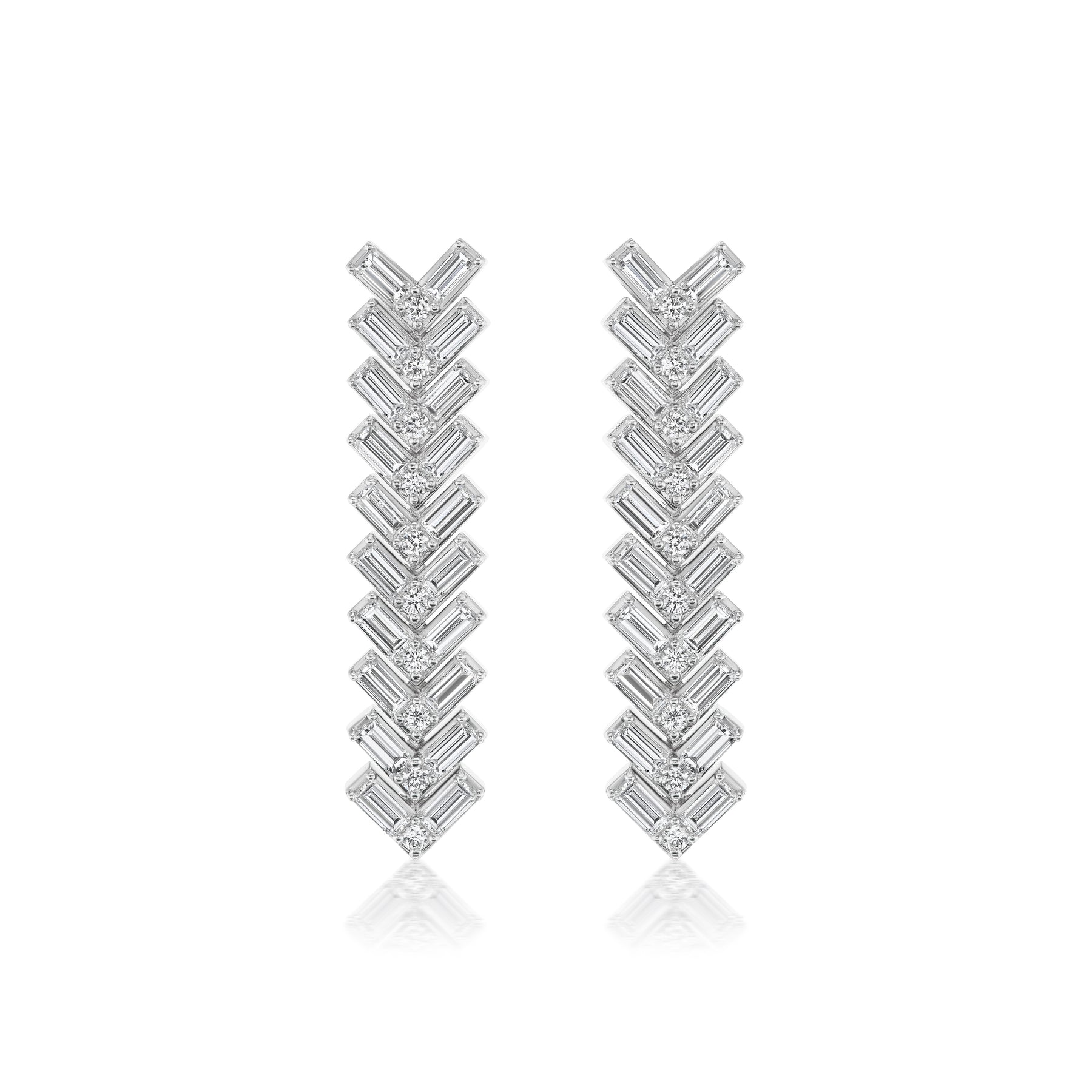 Chevron Drop Earrings in White Gold with Baguette and Round Diamonds
