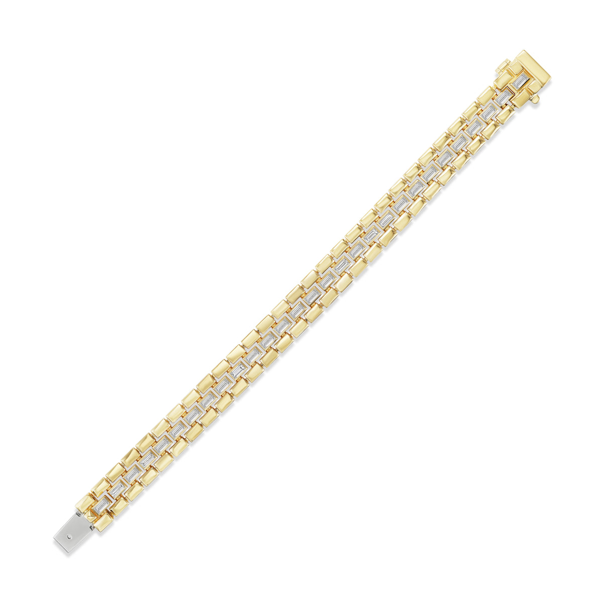 Bezel Set Baguette Diamond Link Bracelet in Yellow Gold