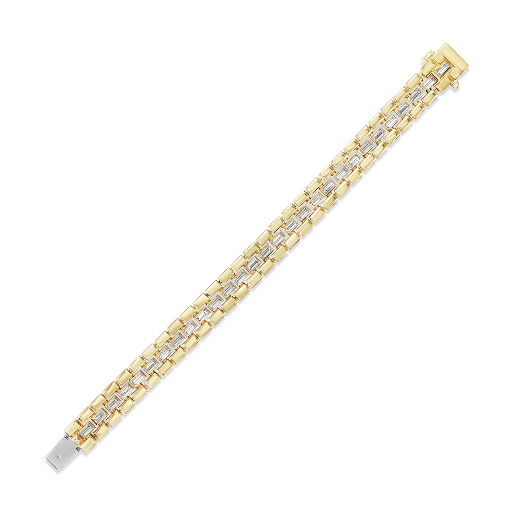 Bezel Set Baguette Diamond Link Bracelet in Yellow Gold