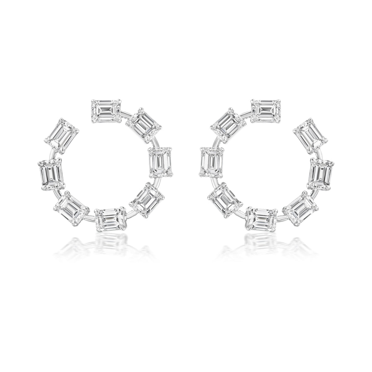 Emerald Cut Diamond Front to Back Hoop Earrings in White Gold
