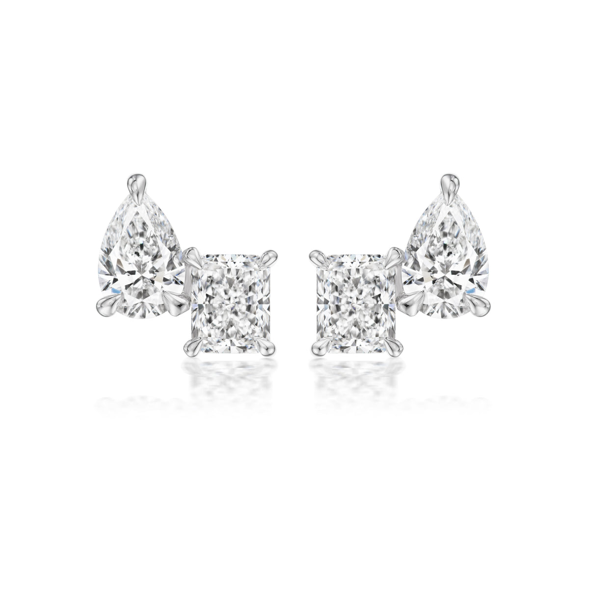 Mixed Shape Duo Studs with Radiant Cut and Pear Shape Diamonds in White Gold