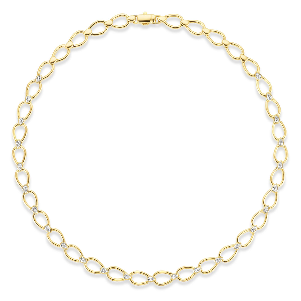Pear Shape Link Necklace with Bezel Set Pear Shape Diamonds in Yellow Gold