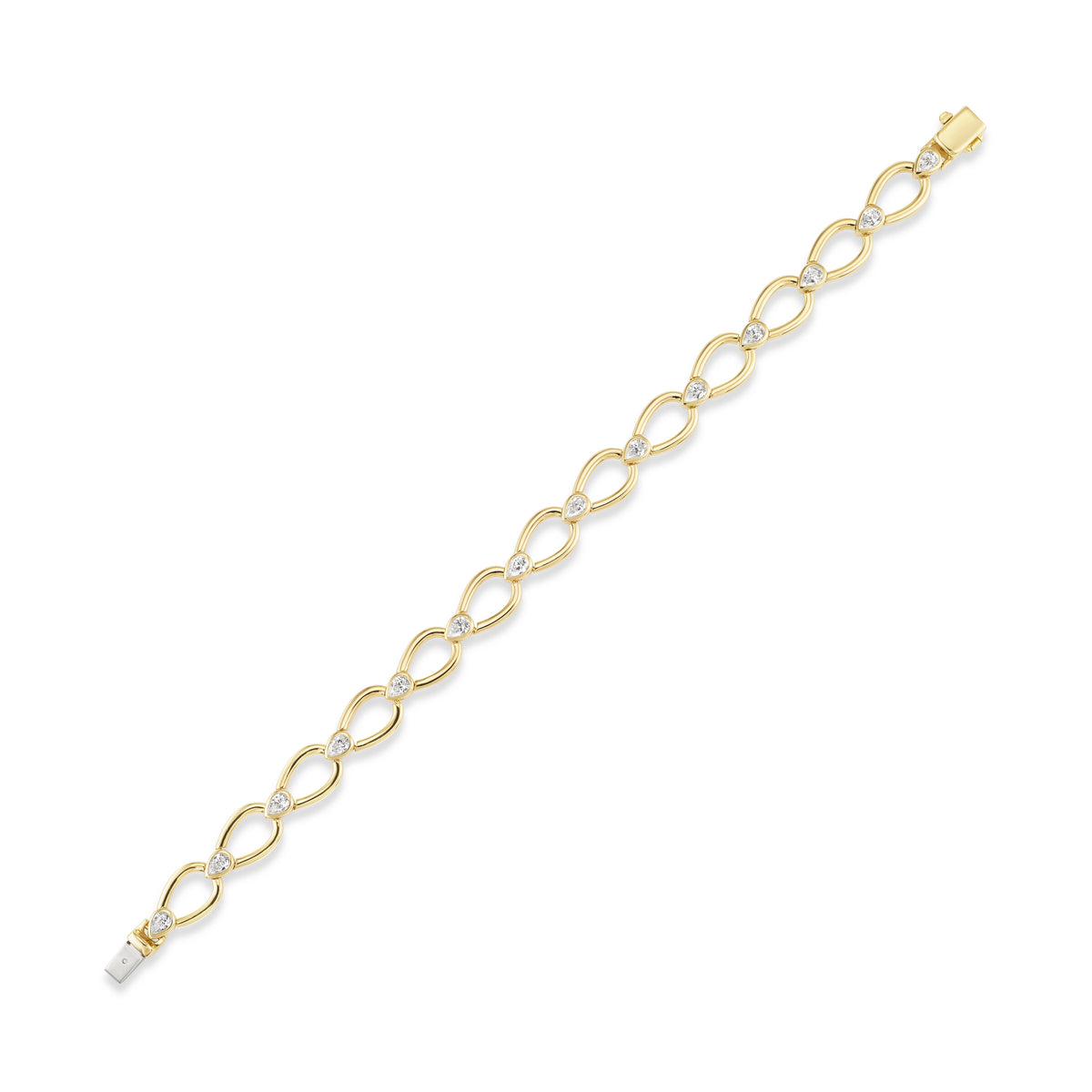 Pear Shape Link Bracelet with Bezel Set Pear Shape Diamonds in Yellow Gold