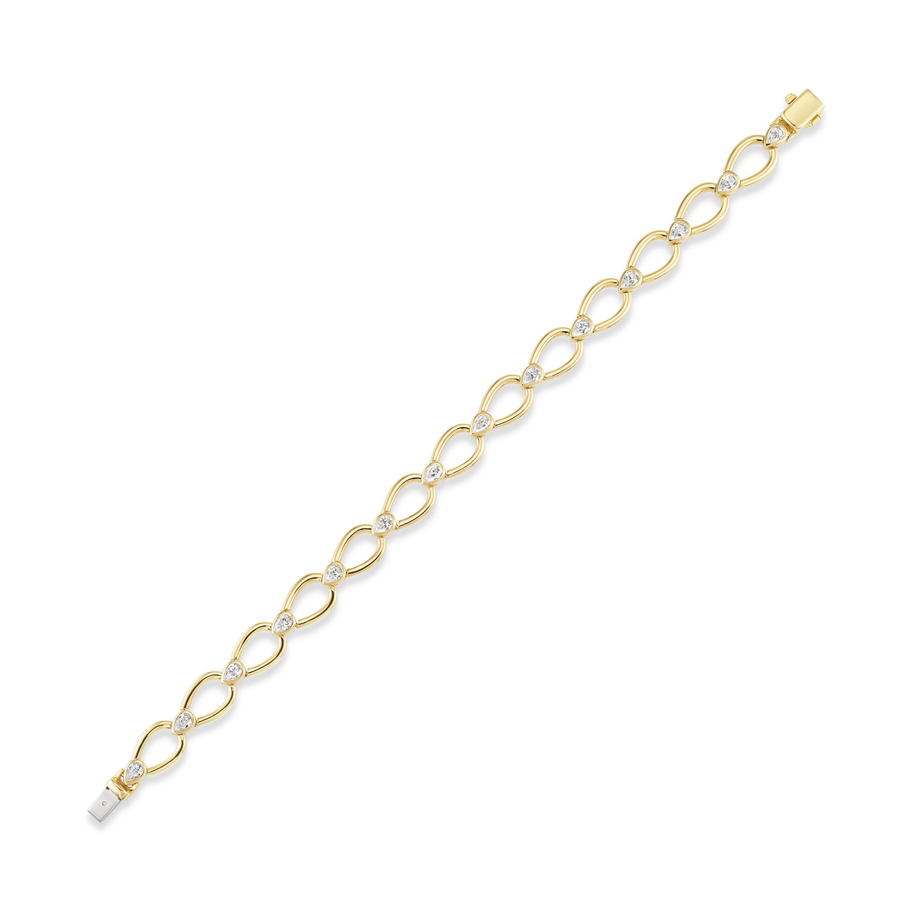 Pear Shape Link Bracelet with Bezel Set Pear Shape Diamonds in Yellow Gold