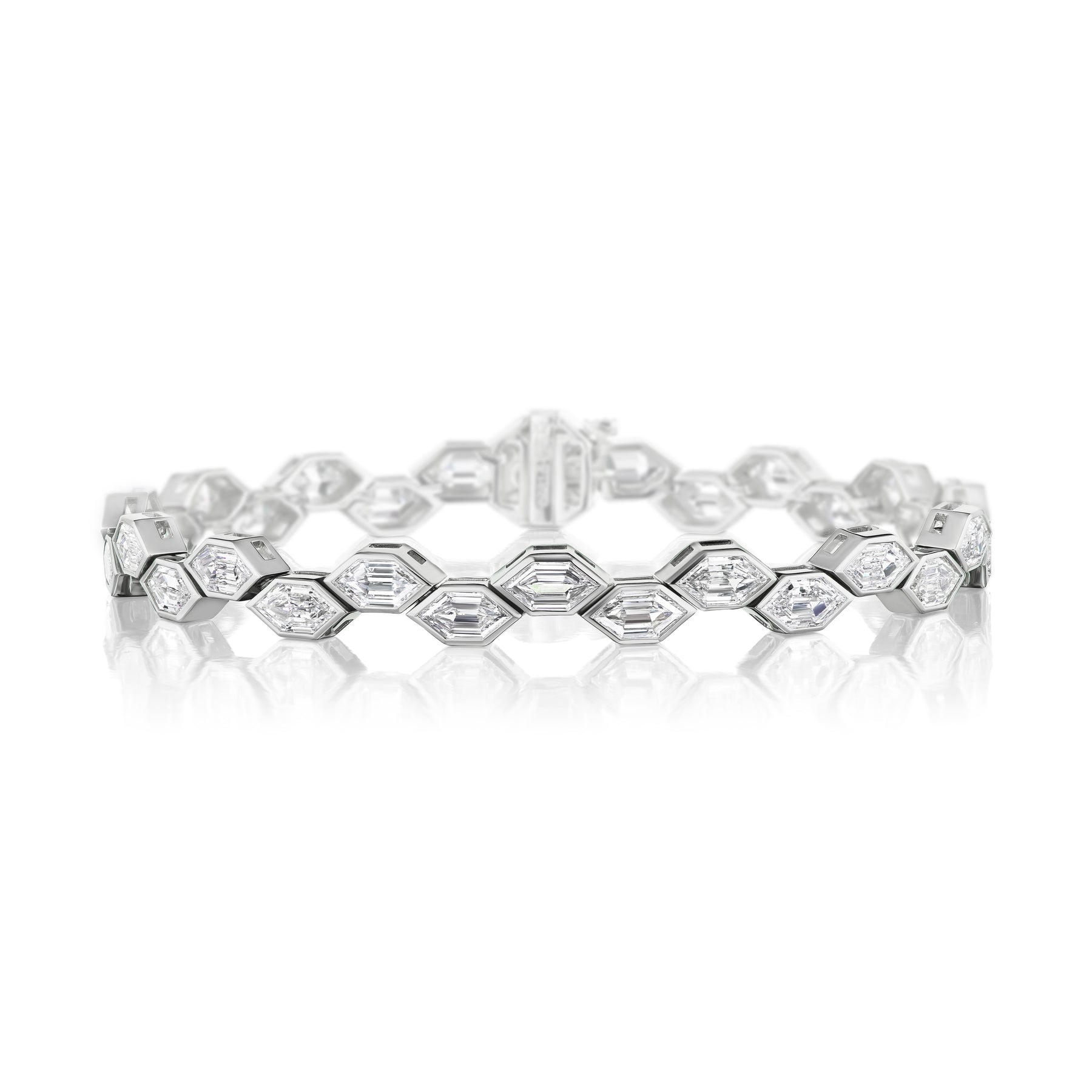 Bezel Set East-West Elongated Hexagon Diamond Tennis Bracelet in Platinum