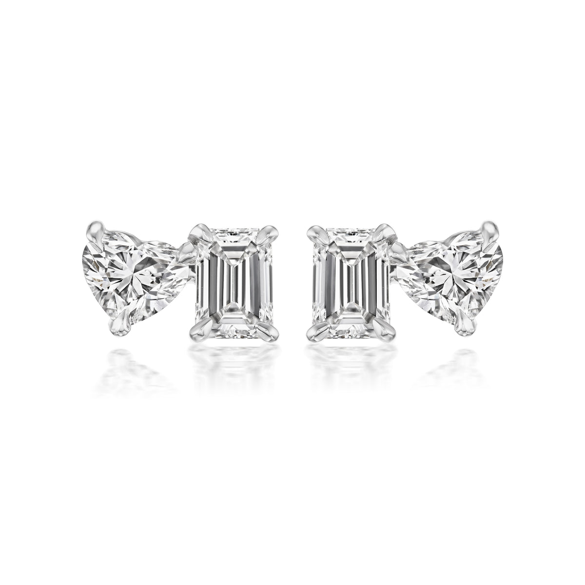 Mixed Shape Duo Studs with Emerald Cut and Heart Shape Diamonds in White Gold