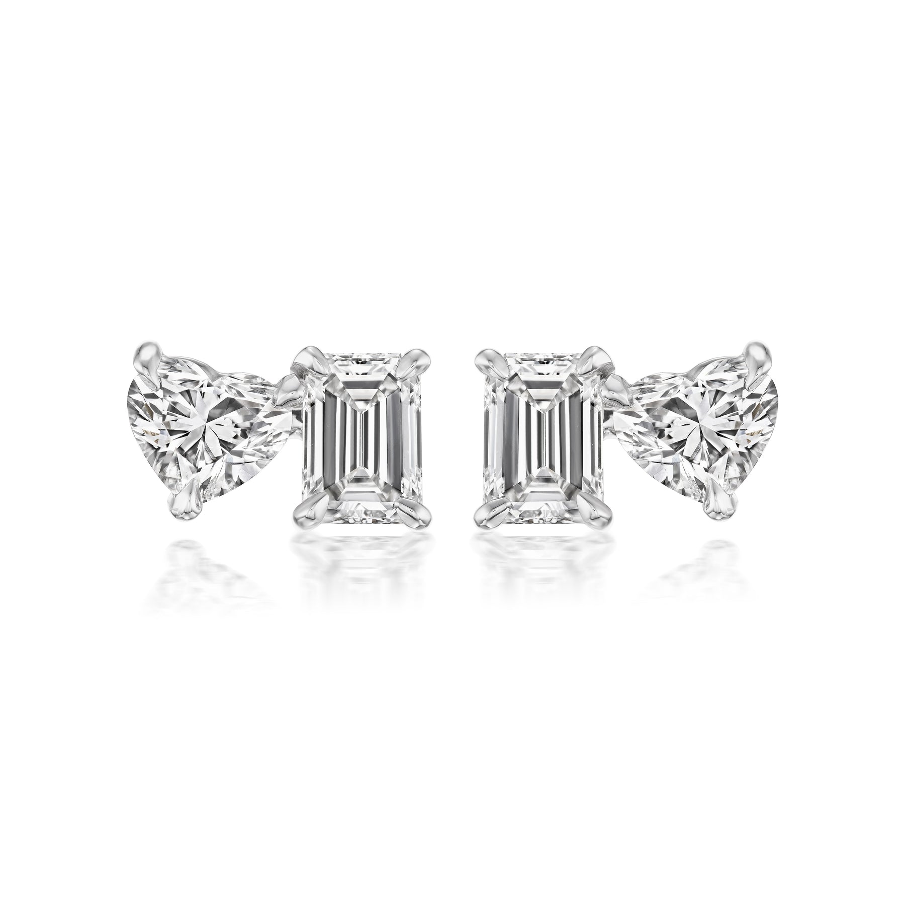 Mixed Shape Duo Studs with Emerald Cut and Heart Shape Diamonds in White Gold