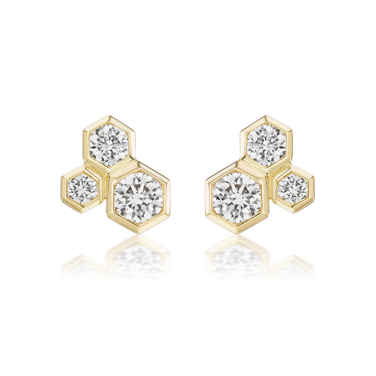 Hexagon Bezel Set Round Diamond Trio Studs