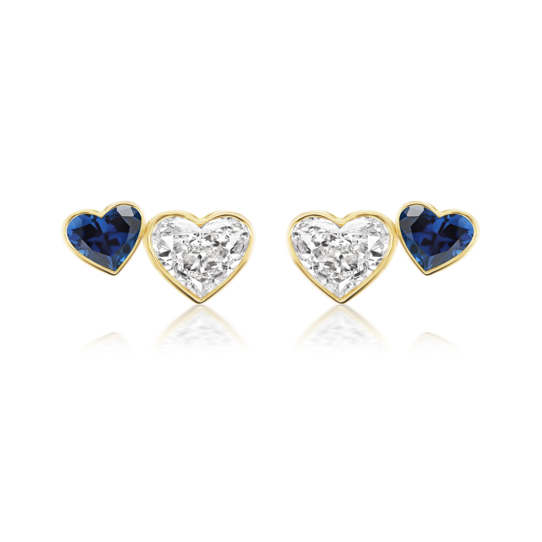 Bezel Set Duo Studs with Heart Shape Diamonds and Blue Sapphires in Yellow Gold