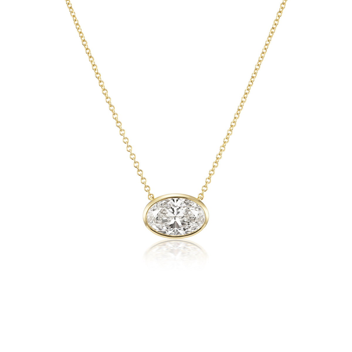 East-West Bezel Set Oval Shape Diamond Pendant Necklace in Yellow Gold