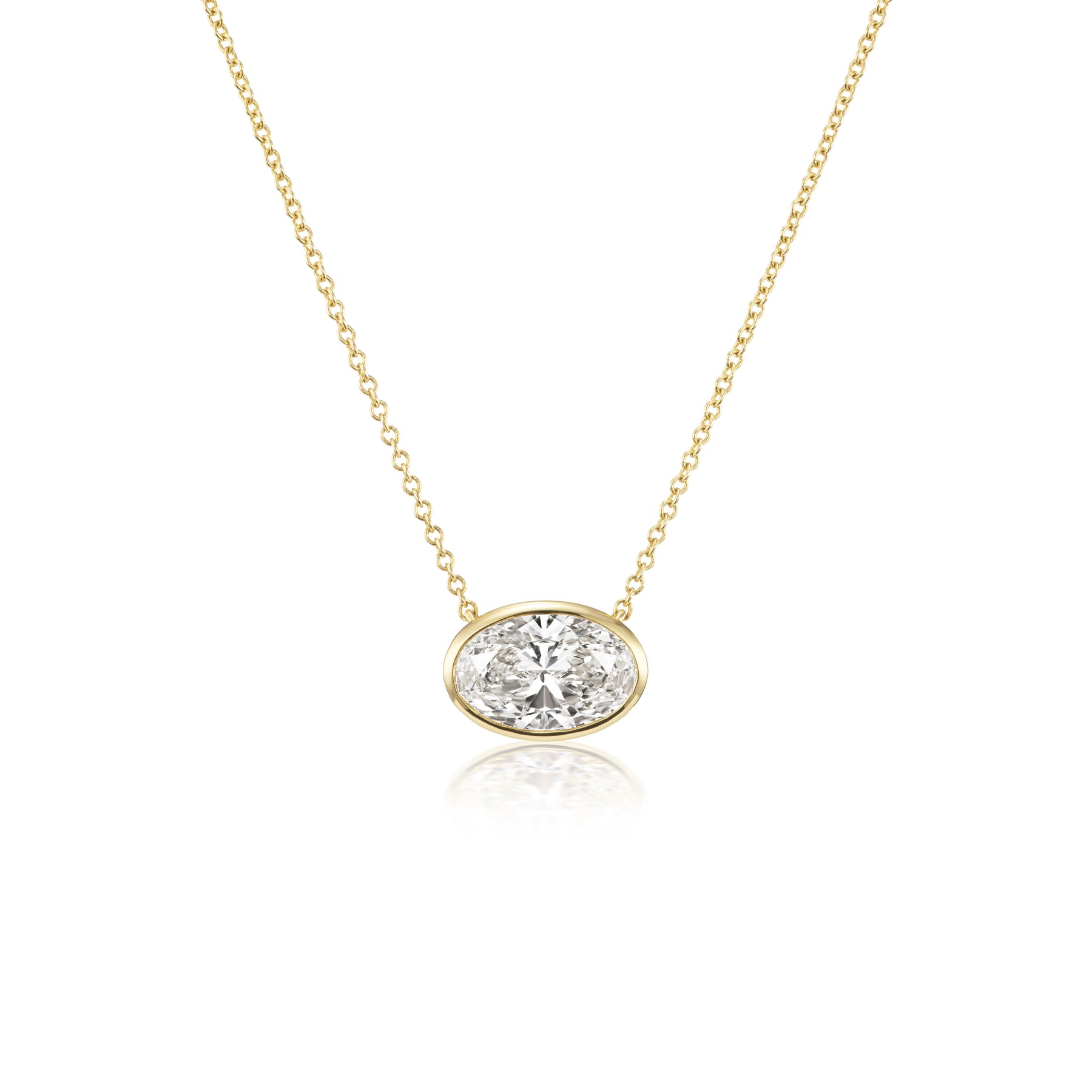 East-West Bezel Set Oval Shape Diamond Pendant Necklace in Yellow Gold
