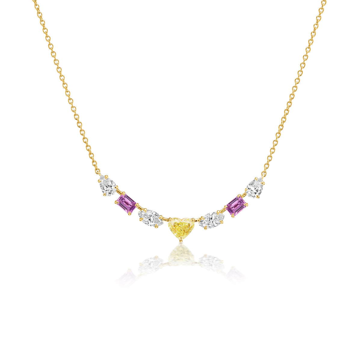 Multicolor, Mixed Shape Necklace with Yellow Diamond Heart, Marquise and Pear White Diamonds, and Emerald Cut Sapphires