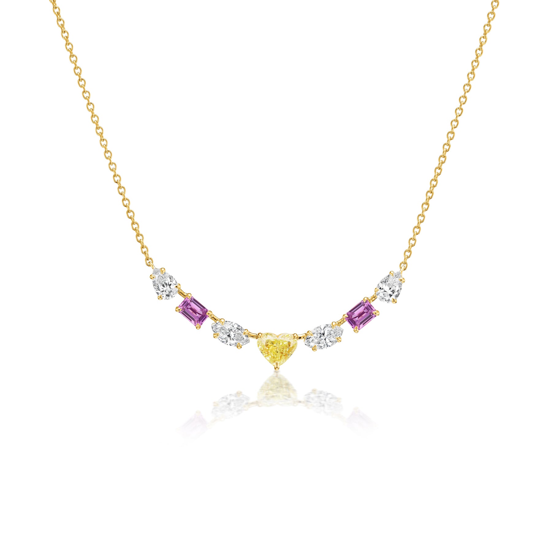 Multicolor, Mixed Shape Necklace with Yellow Diamond Heart, Marquise and Pear White Diamonds, and Emerald Cut Sapphires